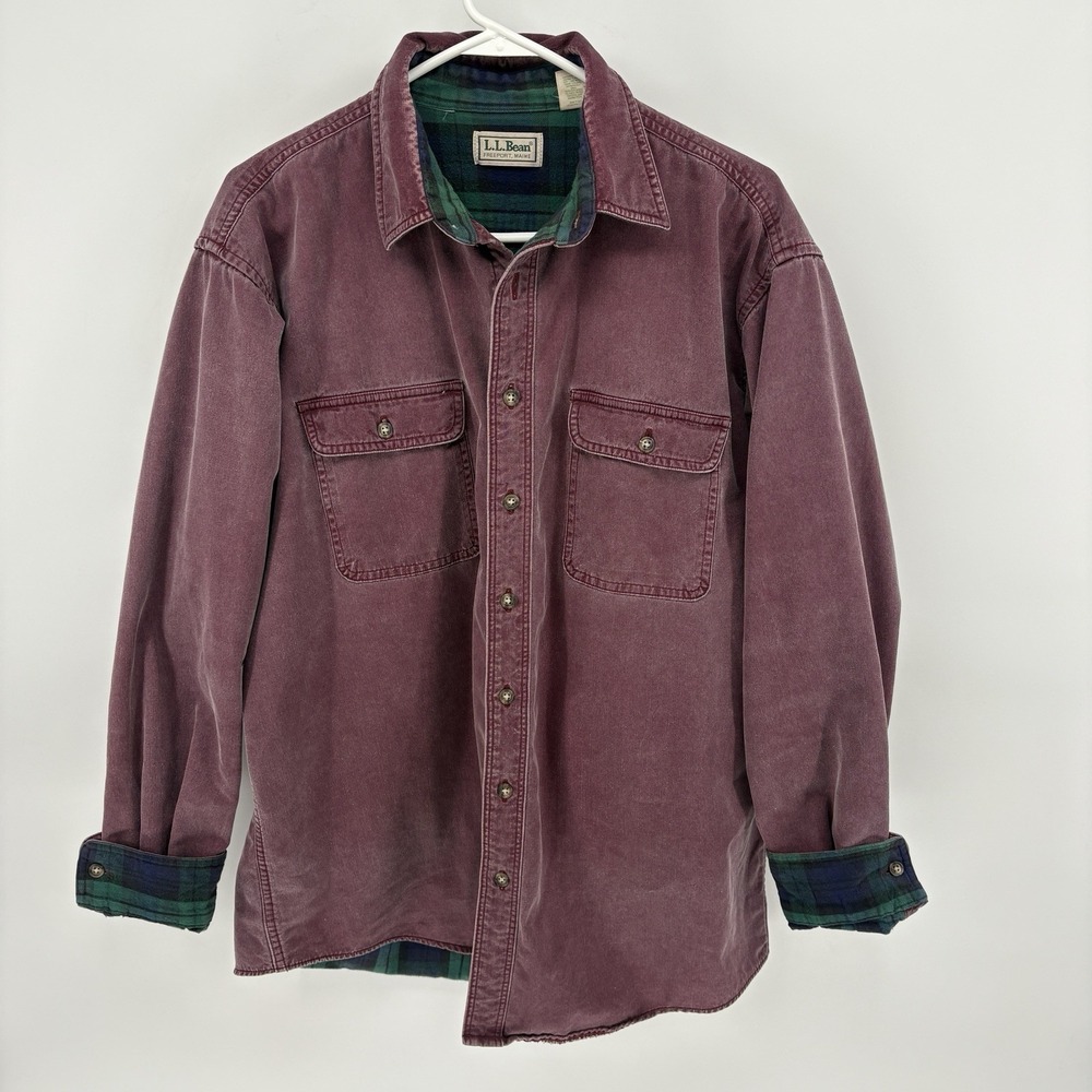 Vtg LL Bean Hurricane Shirt Maroon Canvas Flannel Plaid Lined Men Large Tall - Picture 2 of 10
